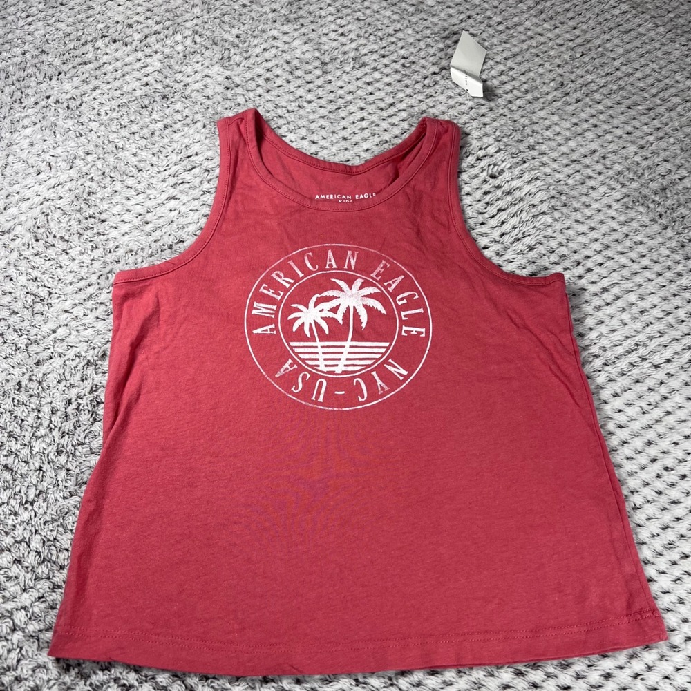 American Eagle Kids Graphic Tank Top Coral Palm Tree Logo Size 12 10/11Y‎ NWT